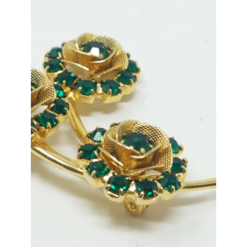 Vtg flower‎ bouquet brooch pin gold tone green rhinestone beads florentine boho